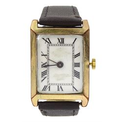 'Rolex' Unicorn gold-plated manual wind gentleman's rectangular wristwatch, on brown leather strap