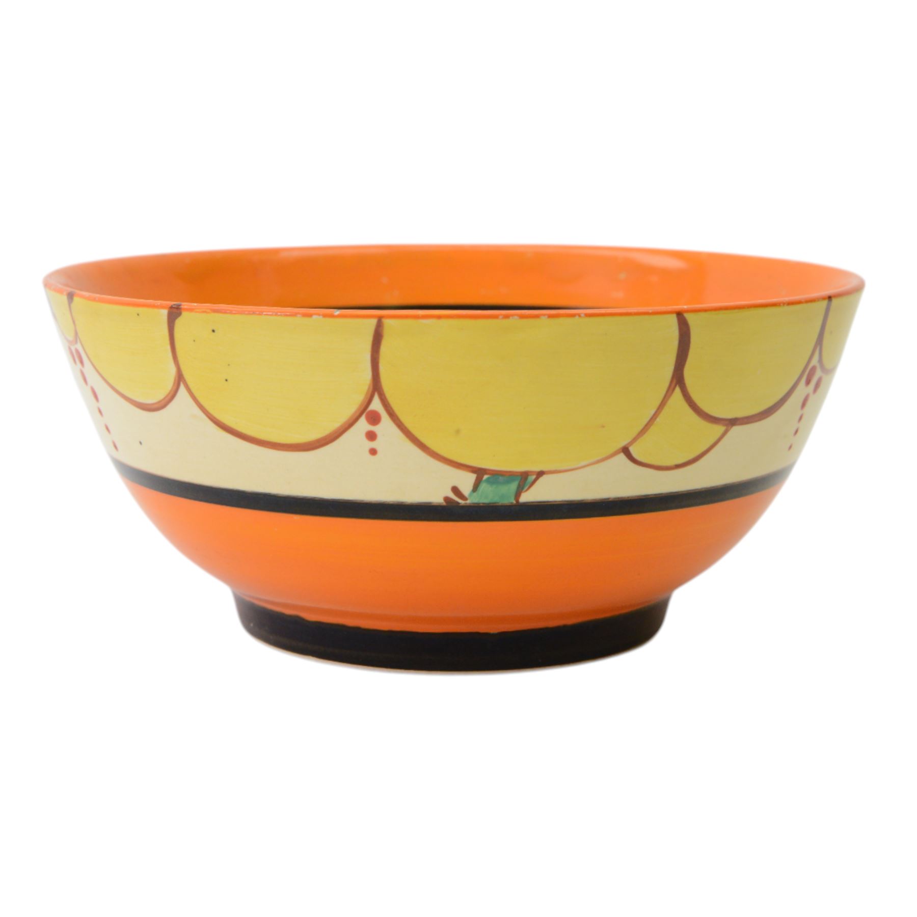Clarice Cliff Fantasque Bizarre for Newport Pottery bowl, decorated in the Summerhouse pattern c.1931-1933, the exterior painted with stylised trees with yellow foliage and clouds bordered by black and orange bands, with black printed marks and impressed 1 1/2 beneath, D18.5cm
