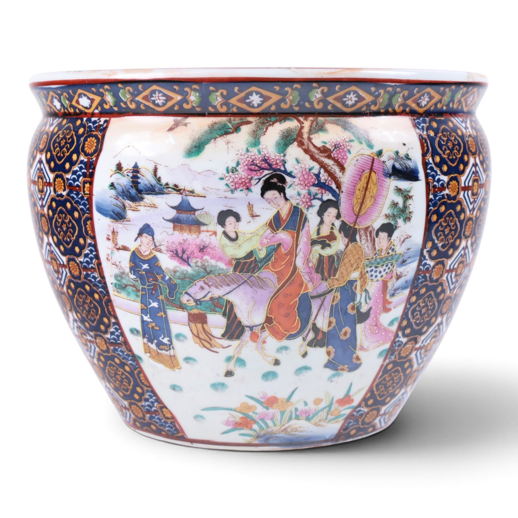 20th century Chinese fish bowl, decorated to exterior with figures surrounded by floral panels the  interior decorated with fish, together with a similar smaller example, largest H32cm