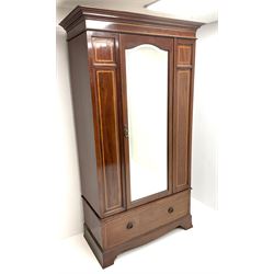 Edwardian inlaid mahogany wardrobe, projecting cornice, single bevel edge mirrored door above single drawer, shaped plinth base 