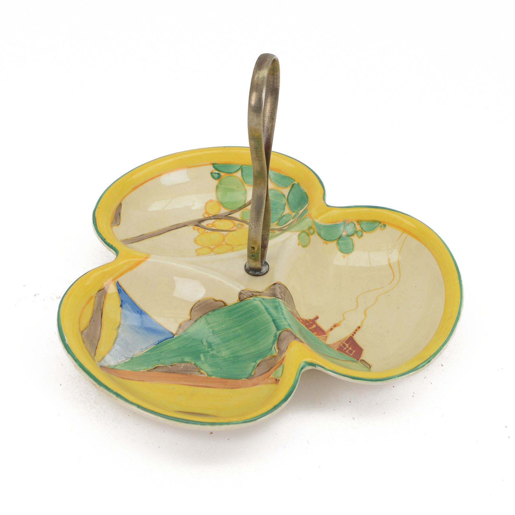 Clarice Cliff Bizarre Secret pattern trefoil dish, circa 1932, with printed mark beneath, H18cm