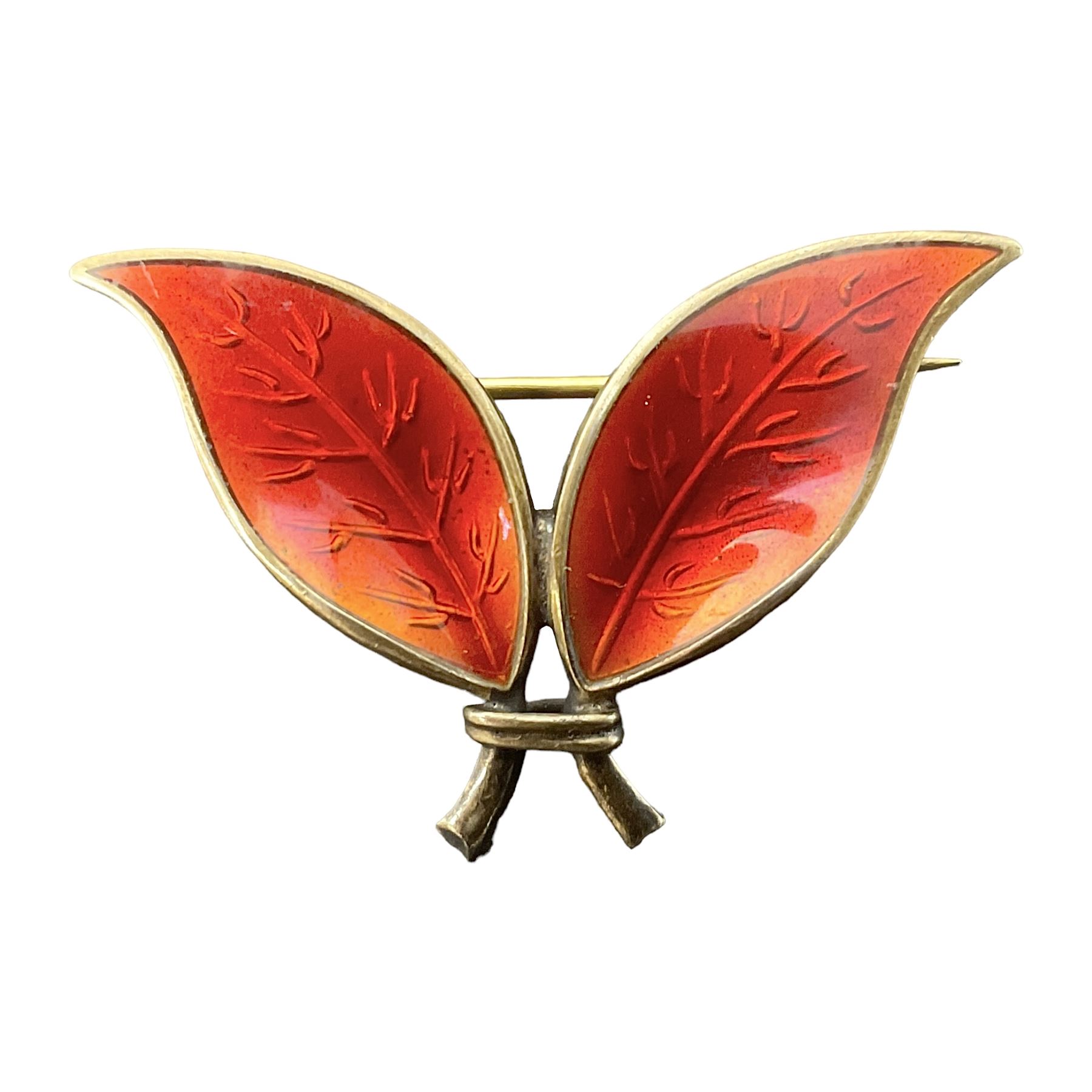 Norwegian silver-gilt red guilloche enamel double leaf brooch, by David Andersen, stamped DA Sterling Norway 925S, H2.6cm