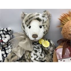 Four Charlie Bears, comprising Geoffrey CB131384, and Hawkins CB202024A, both designed by Isabelle Lee, and Tia CB161507O, and Chequers CB161525O, both designed by Heather Lyell, all with tags 