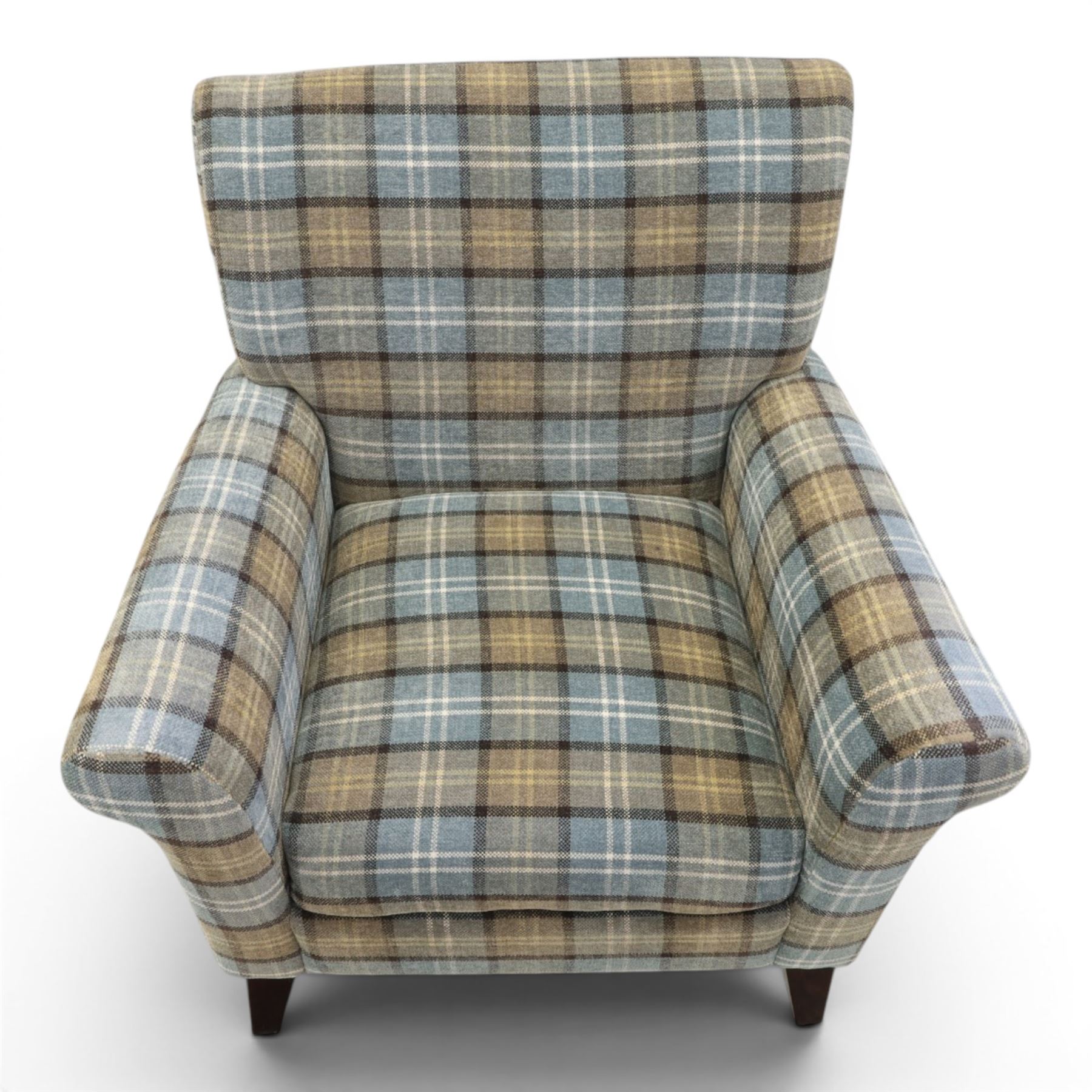 Contemporary armchair, upholstered in blue chequered fabric, dark stained square tapered supports