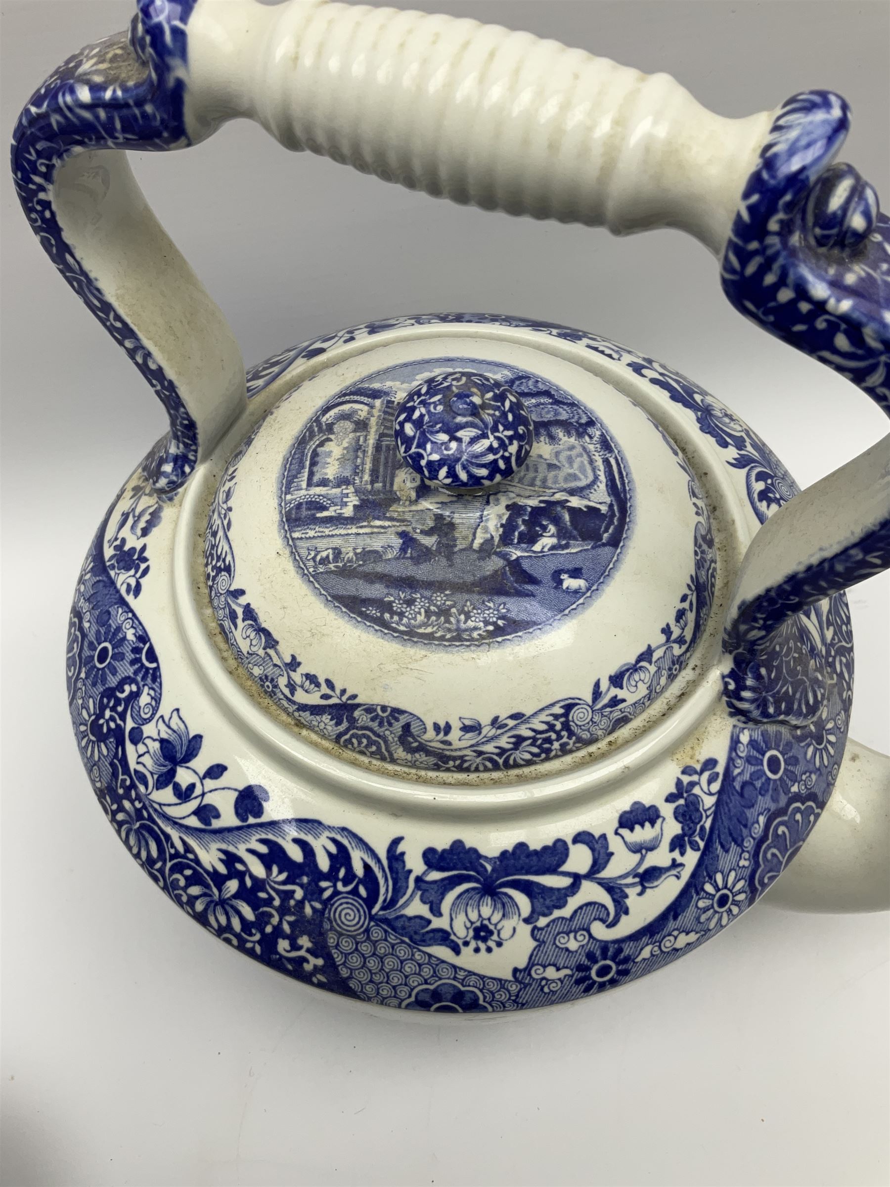 A large Spode blue and white Italian pattern novelty teapot, H33cm, with black printed mark beneath, together with a selection of other Spode blue and white Italian pattern wares. 