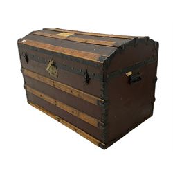 Early 20th century wood and metal bound dome top travelling trunk
