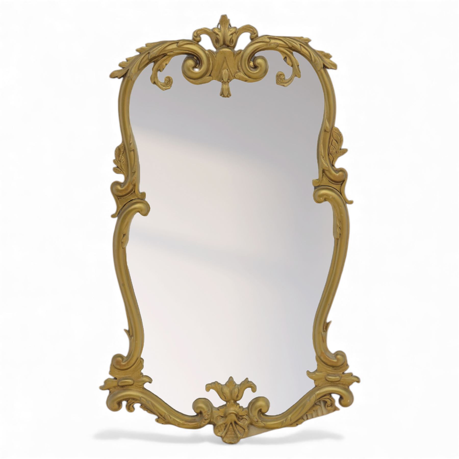 20th century gilt and composition framed wall mirrors, comprising a Rococo revival rectangular mirror with pierced scrolling acanthus and C-scroll cast border enclosing a plain plate (H 65cm, W 40cm), an oval neoclassical mirror with beaded frame, laurel crestings and trailing foliate sprays (H 57cm, W 45cm), a rectangular mirror with simulated marble effect side panels and foliate cast outer border (H 60cm, W 75cm), and a rectangular mirror with reeded and foliate moulded frame surrounding an oval aperture and plain plate (H 86cm, W 56cm)