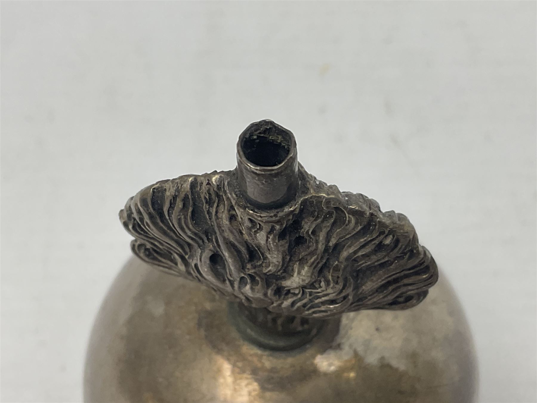 Pre-WW2 German presentation silver mess cigar lighter in the form of a flaming globular grenade with flambe finial inscribed 'Oberleutnant v.Both Reit. Artillerieabtlg. 1 Jnsterburg 1.10.1936' and 'R1' verso; marked 'Moon Crown 835 D. Gadebusch' H10cm