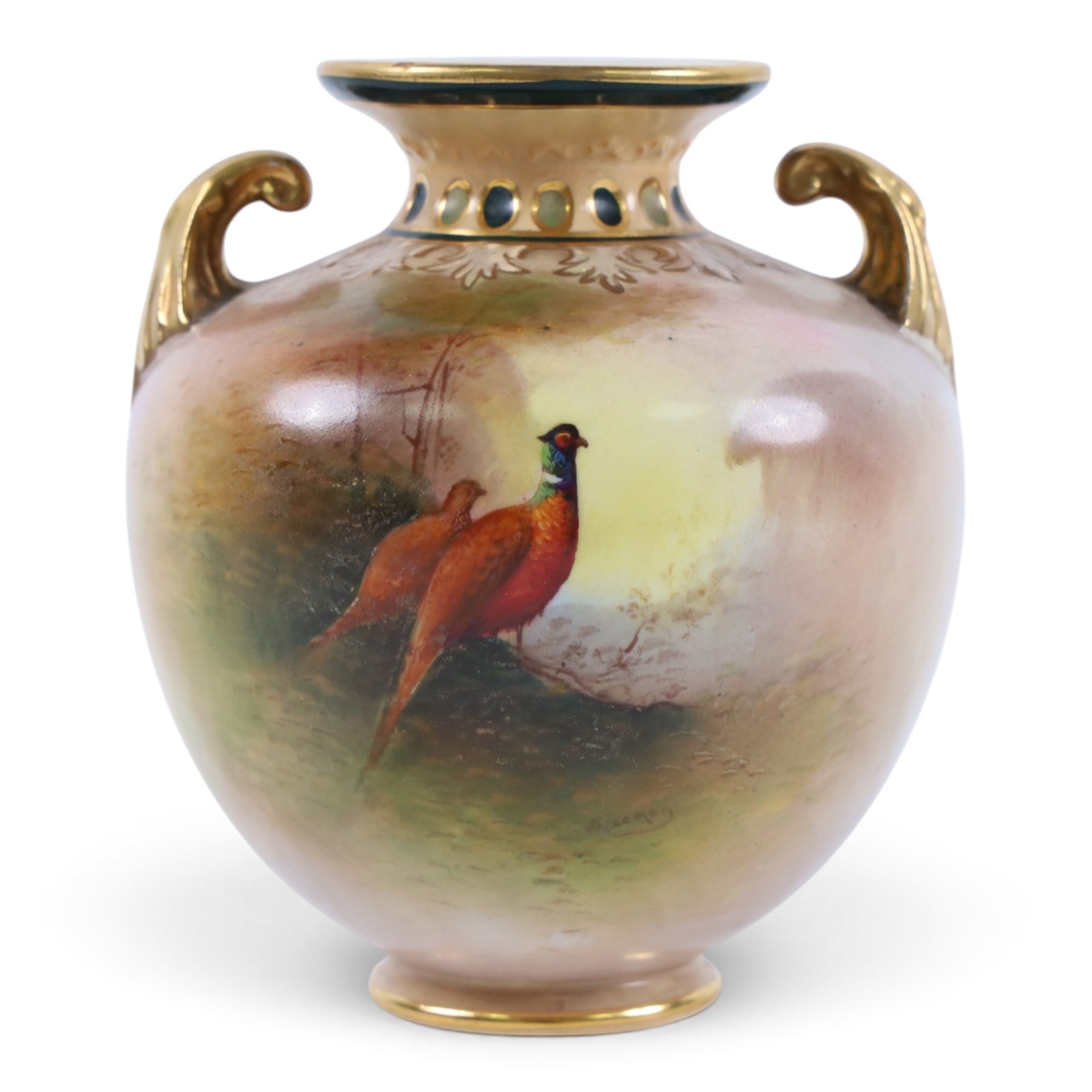 Crown Devon twin-handled ovoid vase, in Pheasants pattern no. 0670, H12cm