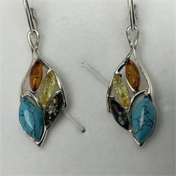 Pair of silver turquoise and tri-coloured Baltic amber pendant earrings 