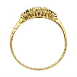 Victorian 18ct gold sapphire and diamond cluster ring, with engraved scroll design shoulders, Birmingham 1896