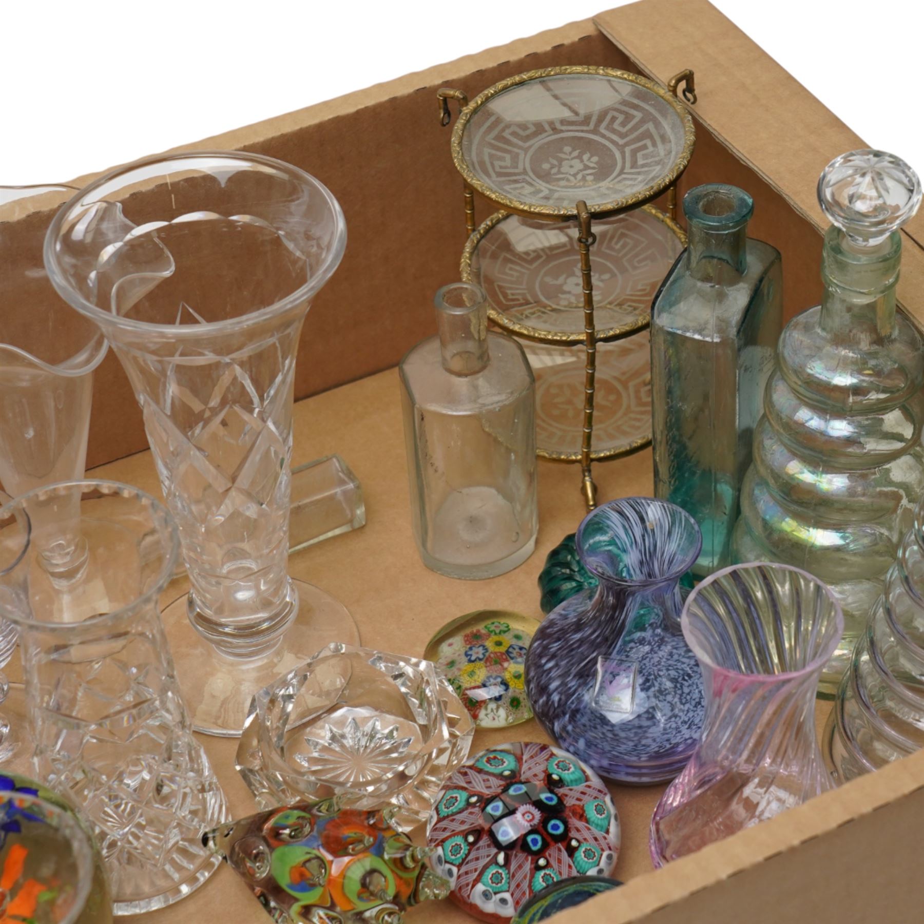 Pair of small glass decanters of annulated design, small glass and gilt metal three tier stand, various paperweights , Stuart crystal vase and other glass