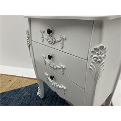 Pair of French style white painted chests fitted with three long drawers, acanthus carved shaped supports 