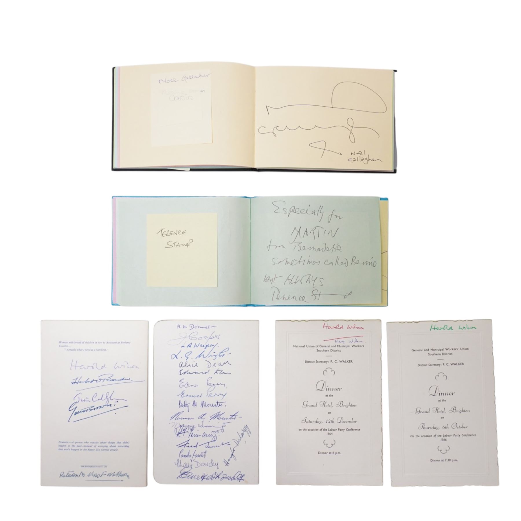 Two autograph books including sporting, entertainment and other autographs including Ricky Tomlinson, Steve Cram, Terence Stamp, members of Groove Armada, Geoffrey Boycott, JLS, Jimmy Carr etc over 120 signatures collected by G4 Security at Jersey Airport 2010-2012 and four menus with signatures of Harold Wilson, Jim Callaghan and other Labour Party politicians etc