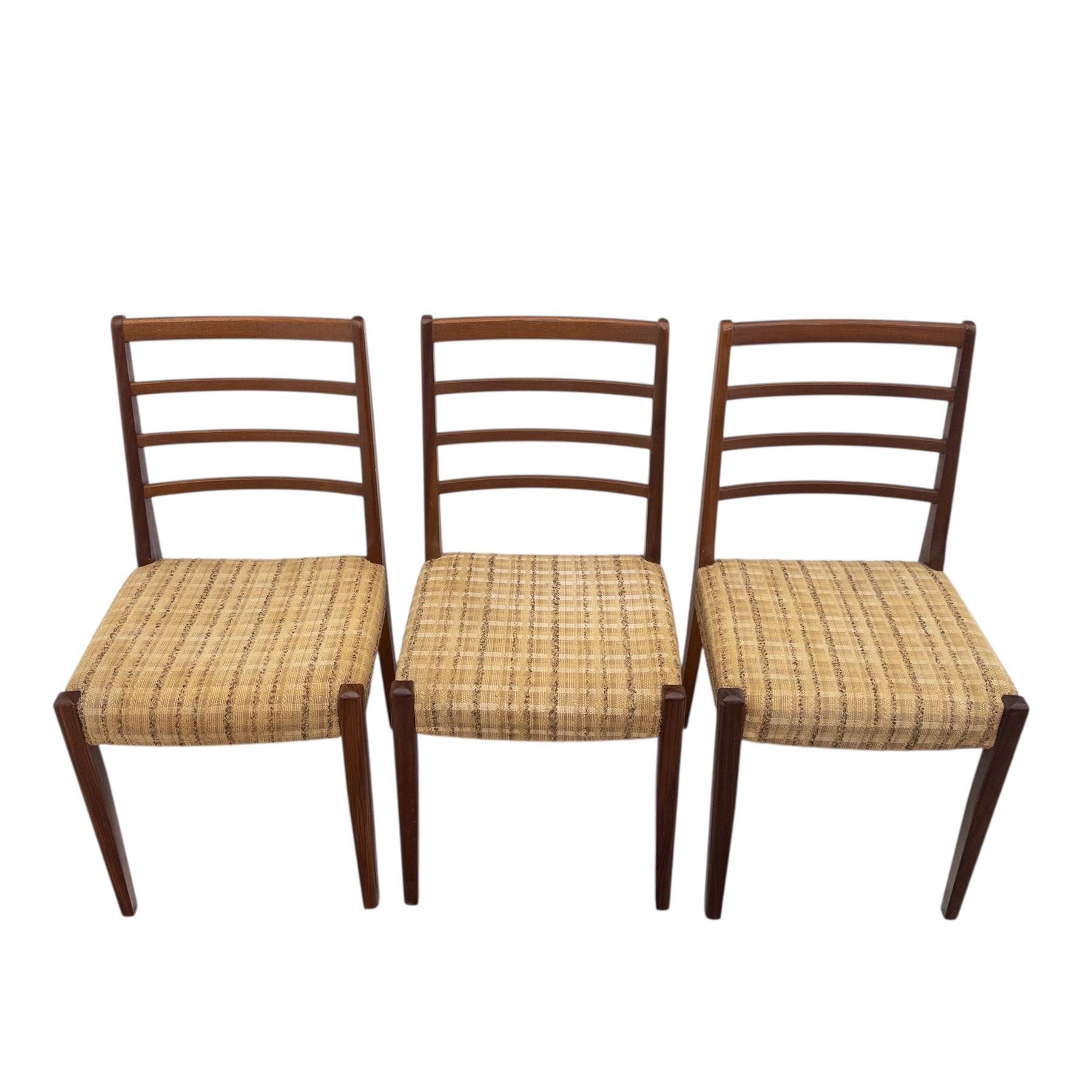 Mid-20th century teak oval extending dining table with set of six teak ladder back chairs with upholstered seats, table W150xD91xH74cm, 199cm extended, chairs W41xD43xH94cm