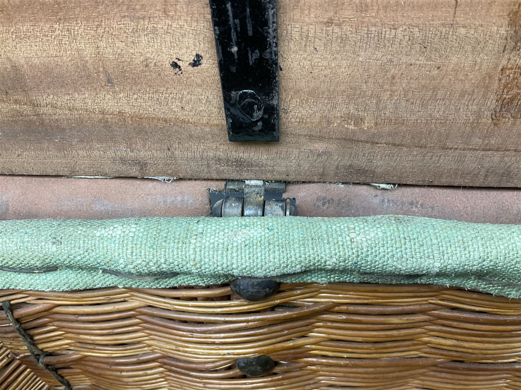 WW2 British Army RAMC 'Regimental Medical Pannier', well marked externally and dated 1941, stamped May 1943 internally, canvas covered wicker form with leather edges, hinged top and fall front with two rope carrying handles, fitted iron locking straps with securing chains; contains various unused field dressings and bandages with WW2 dates and two pillows; original label under lid L79cm