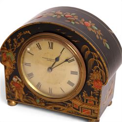 Winsor Bishop & Co - chinoiserie arched top mantel clock, circa 1930's, the dial with Roman numeral numbers, case decorated a garden upon a black ground, upon bun feet, H14cm