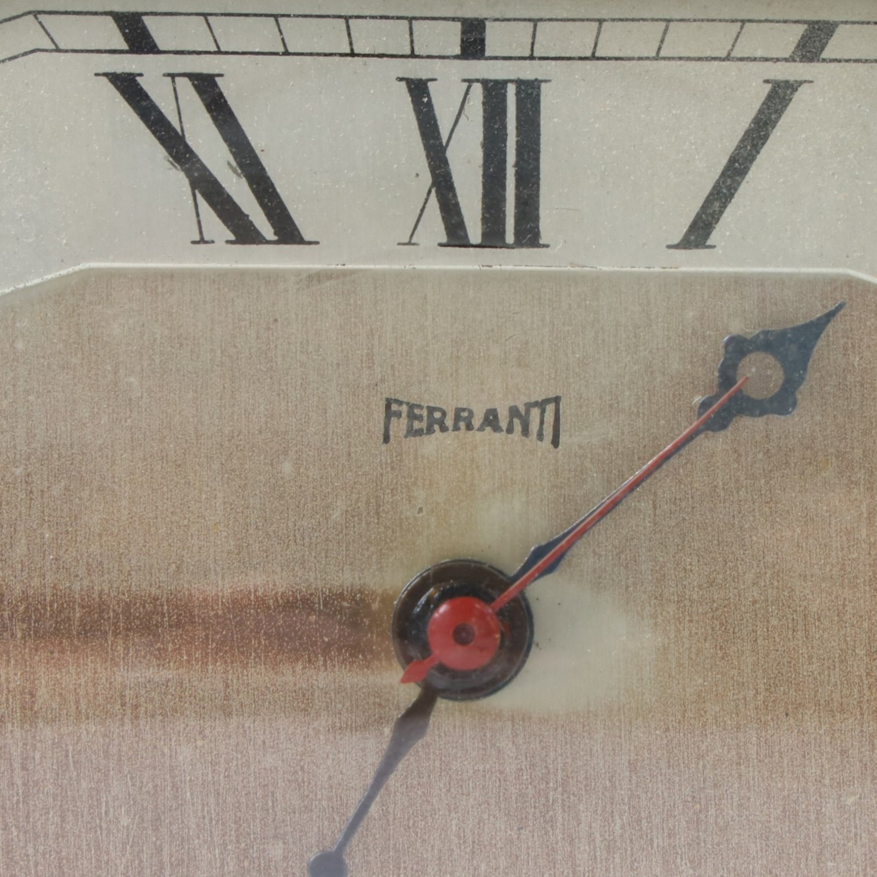 1940's Ferranti electric mantel clock, mahogany case with chromium octagonal bezel, H13cm, W26cm
