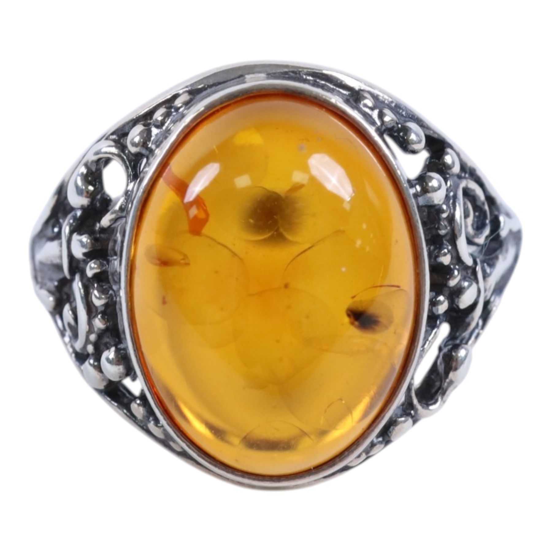 Silver amber ring, boxed