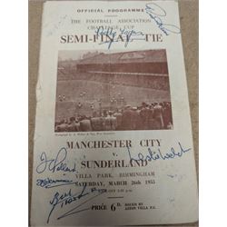 Two signed Football Association Challenge Cup semi final football programmes, comprising 1957 Birmingham vs. Manchester United at Hillsborough and 1955 Manchester City vs. Sunderland at Villa Park, with signatures of various footballers, some facsimile, including Leslie Welch and Don Revie