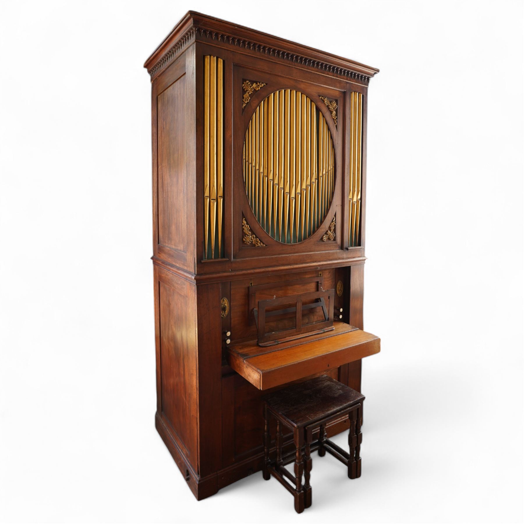 Late 18th century Chamber Organ by Thomas Elliot of London 1790.
Single manual organ, four octave keyboard with 54 keys C-f3, A=448, with Ivory naturals and ebonized sharps, makers’ name engraved on an ivory cartouche, detachable key cover, and music desk (in need of attention). With four speaking stops. Stopped Diapason, Open diapason, Principal and Fifteenth. Crank/pedal operated single rise bellows also provided with an electric blower. Original case with display pipes and candle sconces (one damaged). All pipework present: however there are some damaged pipes, cyphers, and several pipes require re-location in the soundboard, the instrument plays, but some parts of the action and blower will require attention/repair and adjustment.

Given the intricate nature of these historic instruments, specialist support will be available if required – including a professional organ builder prepared to undertake full dismantling and reassembly – to assist successful buyers with safe removal and onward handling. Price upon application.


This item has been registered for sale under section 10 of the APHA Ivory Act Reference EH8B3YPL