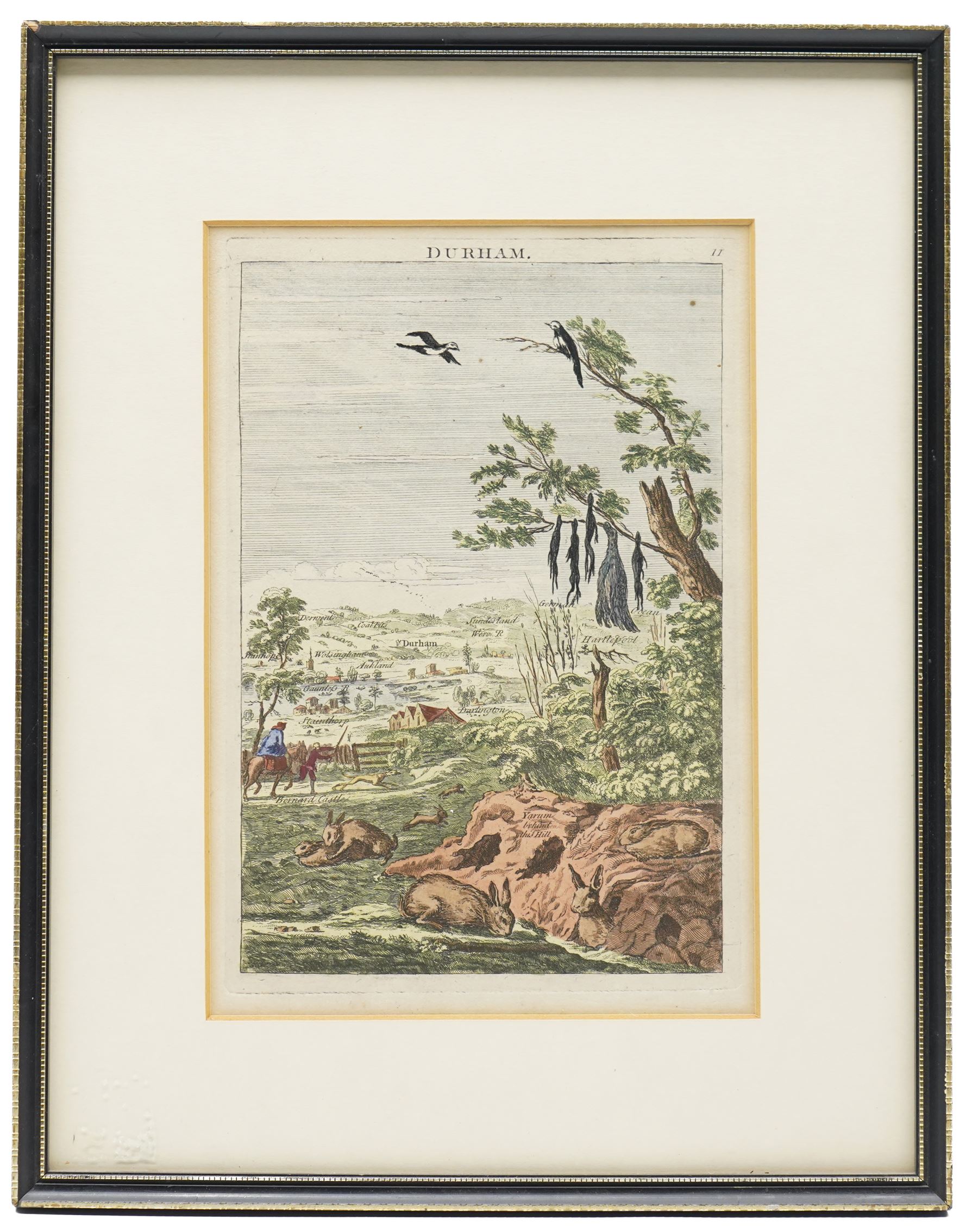 George Bickham Snr (British 1684-1758): Perspective Map of County 'Durham', rare 18th century birds-eye engraving with hand-colouring 24cm x 16cm