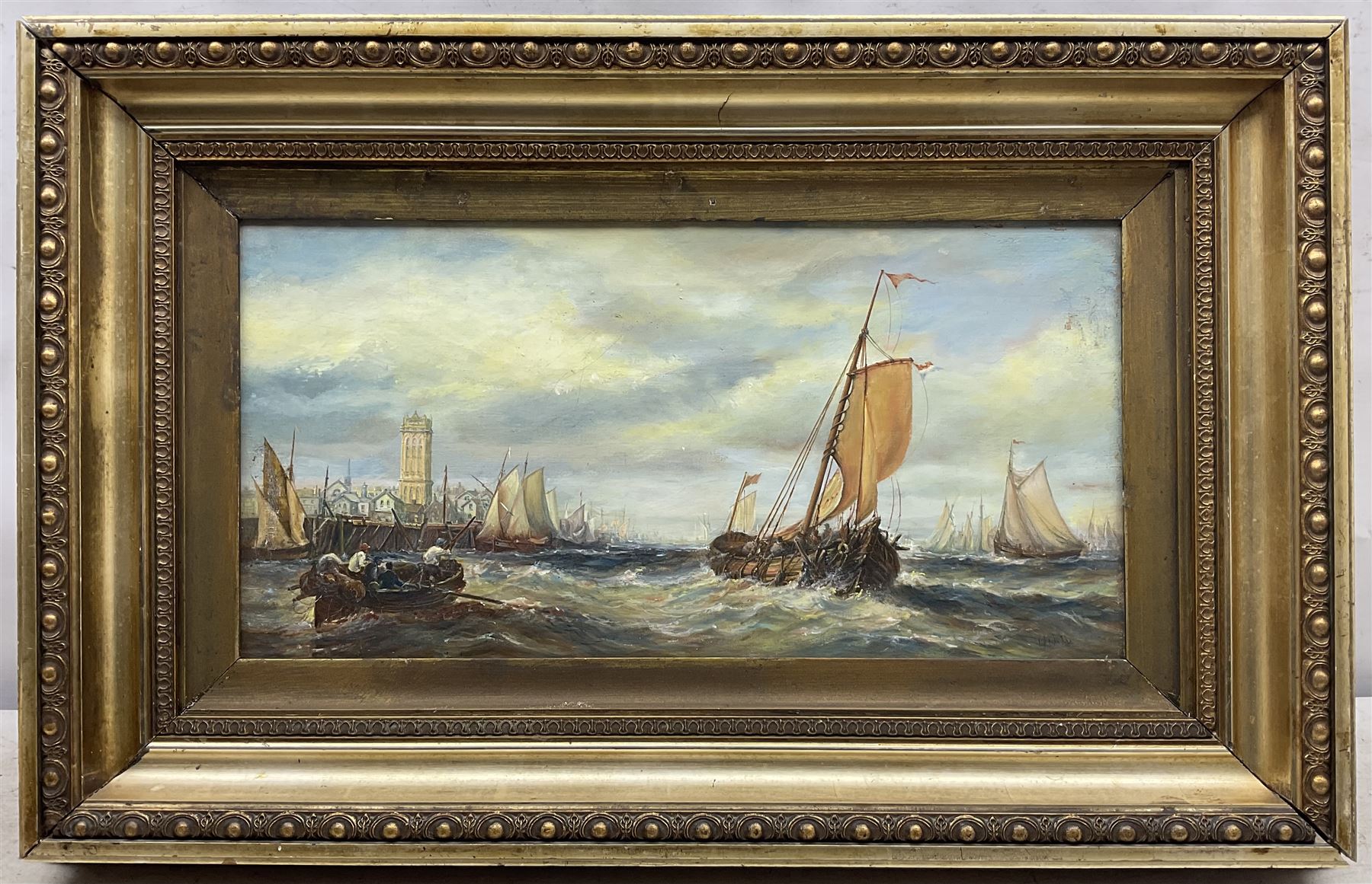 Brian Mays (British 1938-2005): Dutch Shipping off the Coast, oil on canvas indistinctly signed 24.5cm 49.5cm 
Provenance: direct from the family of the artist.