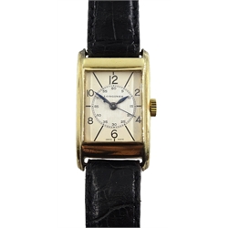 Longines gentleman's 9ct gold rectangular wristwatch No.5602173, manual wind and hinge back, London import marks 1937, on black leather strap