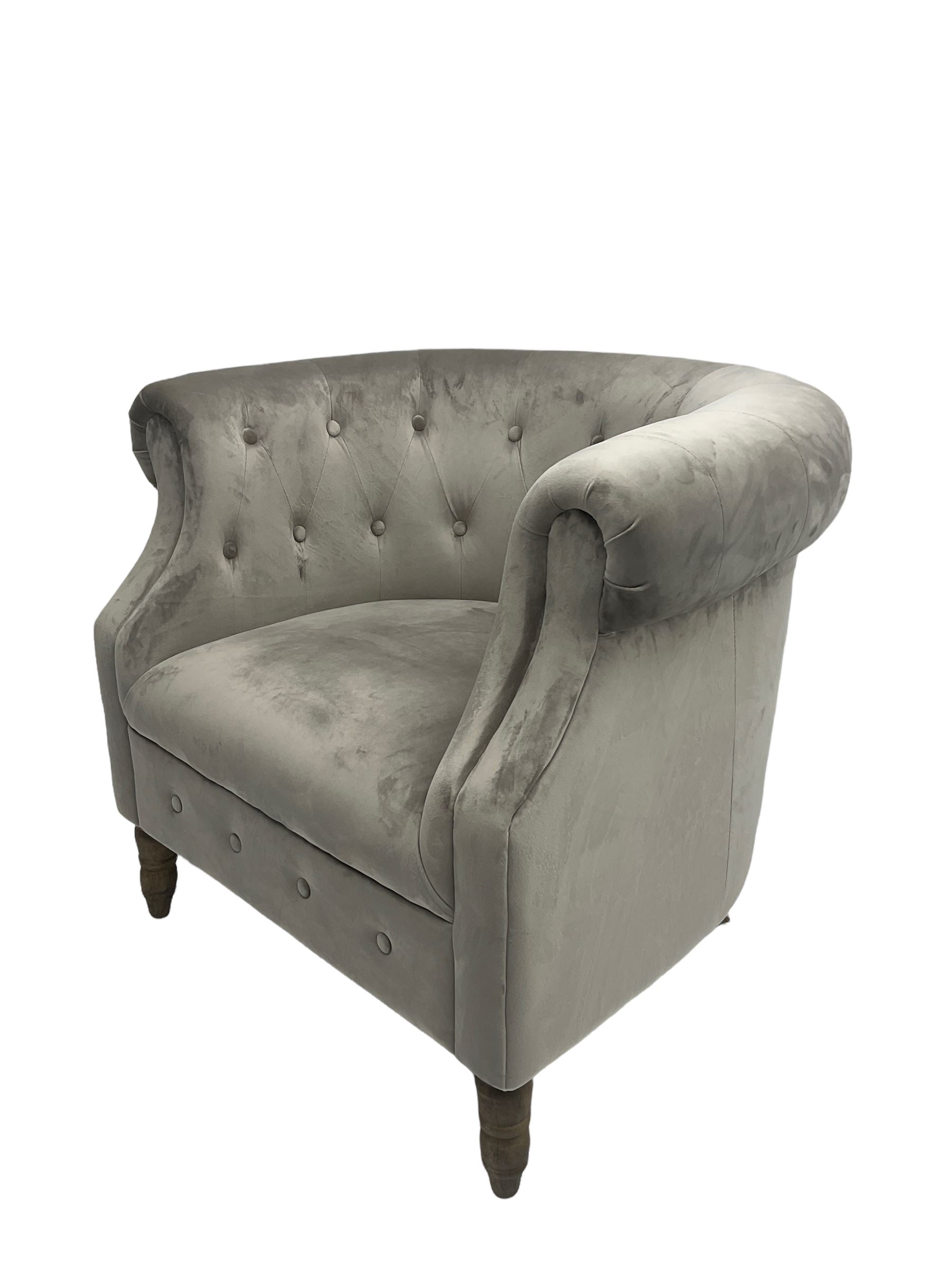 Grey velvet Chesterfield button pressed tub chair with rolled arms