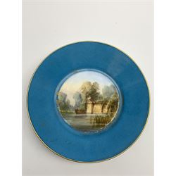 19th century Sevres style cabinet cup and saucer, the cup painted with rectangular panel of figures before Elysee Palace, set within a landscape with swans upon a lake to the fore, within a scrolling gilt border faintly titled Elysee, the saucer painted to the centre with boat upon a lake, upon a bleu celeste ground, each with interlaced L's beneath, cup with date letter, cup H7cm saucer D12.5cm