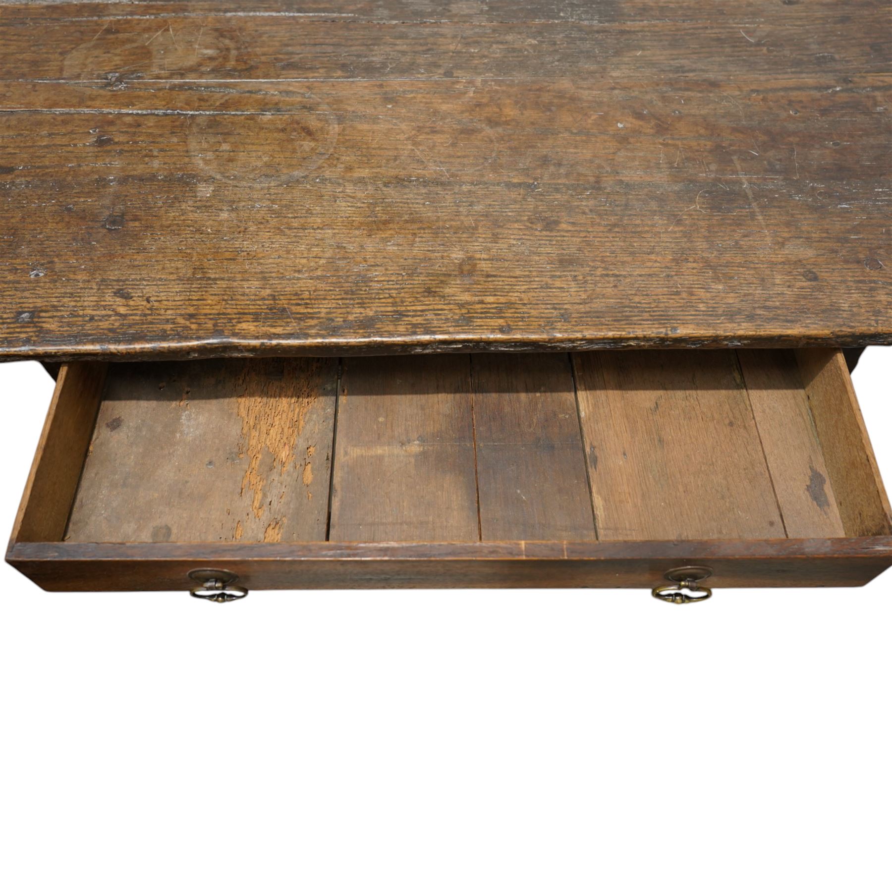 18th century oak side table, two plank rectangular top over single drawer, on turned supports united by plain stretchers 