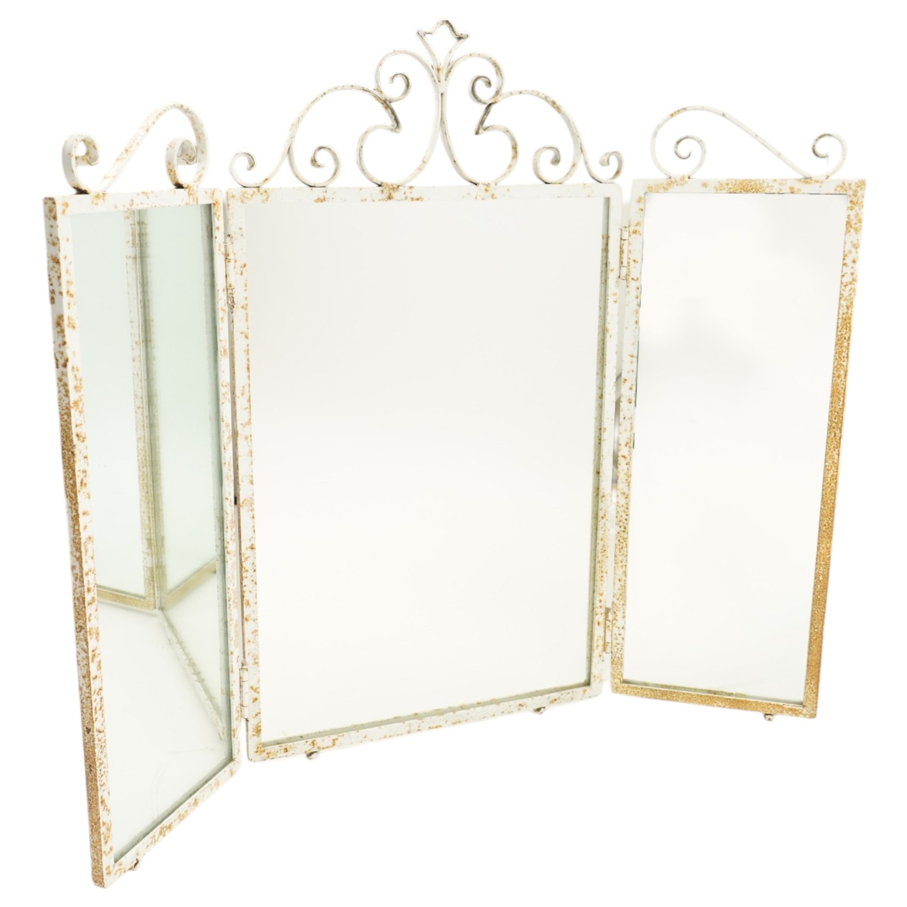 Unusual mid-20th century white painted wrought iron kidney shaped dressing table, shaped mottled glass top on pierced scrolling metal frame, with matching chair and occasional table