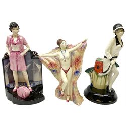 Three Kevin Francis figures produced by Peggy Davies ceramics, Clarice Cliff Centenary Figure H27cm, Tallulah Bankhead H26cm and Chantella H21cm. 