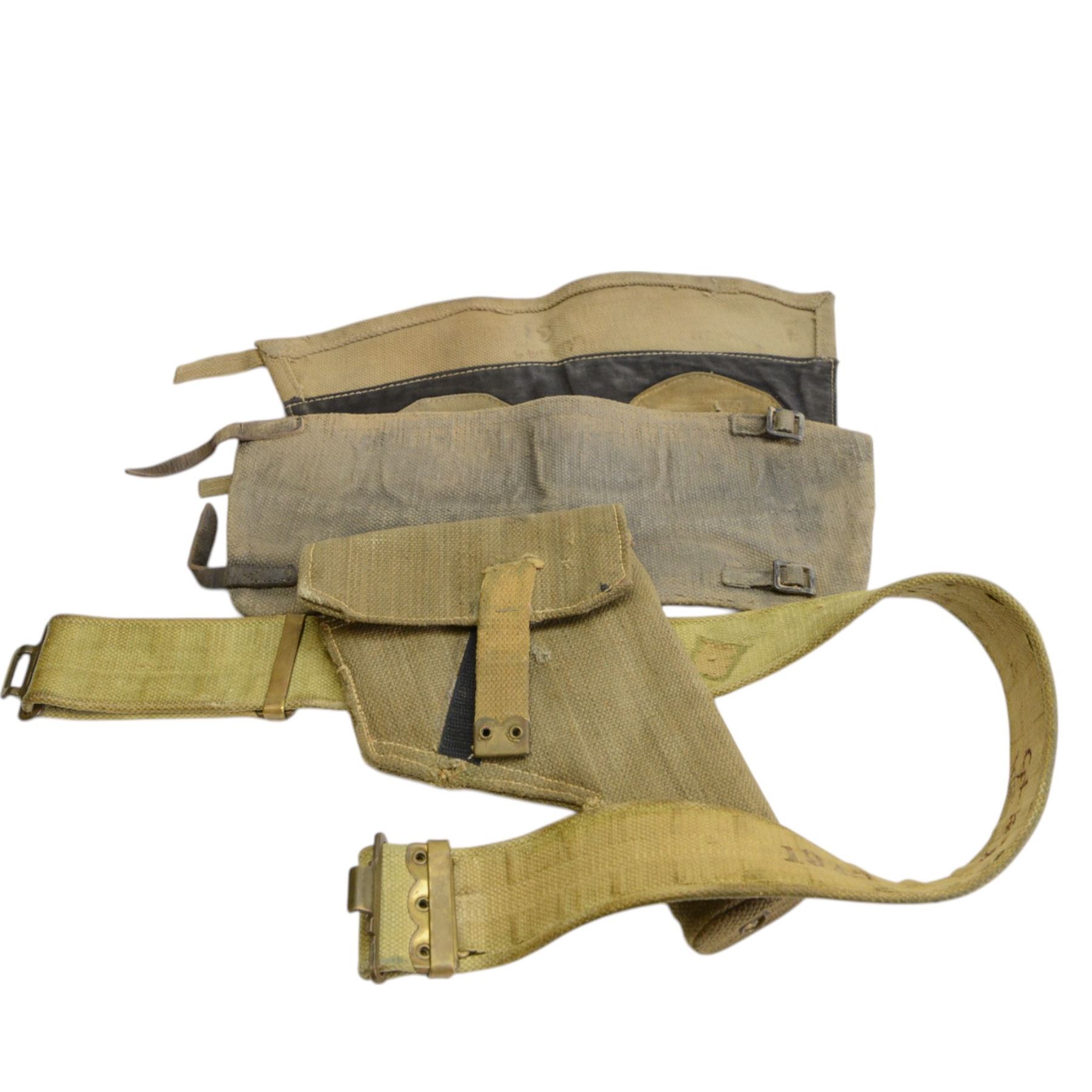 WWII and later British Army issued webbing, including gaiters, belt, with holster, ammunition case and binocular case attached etc 