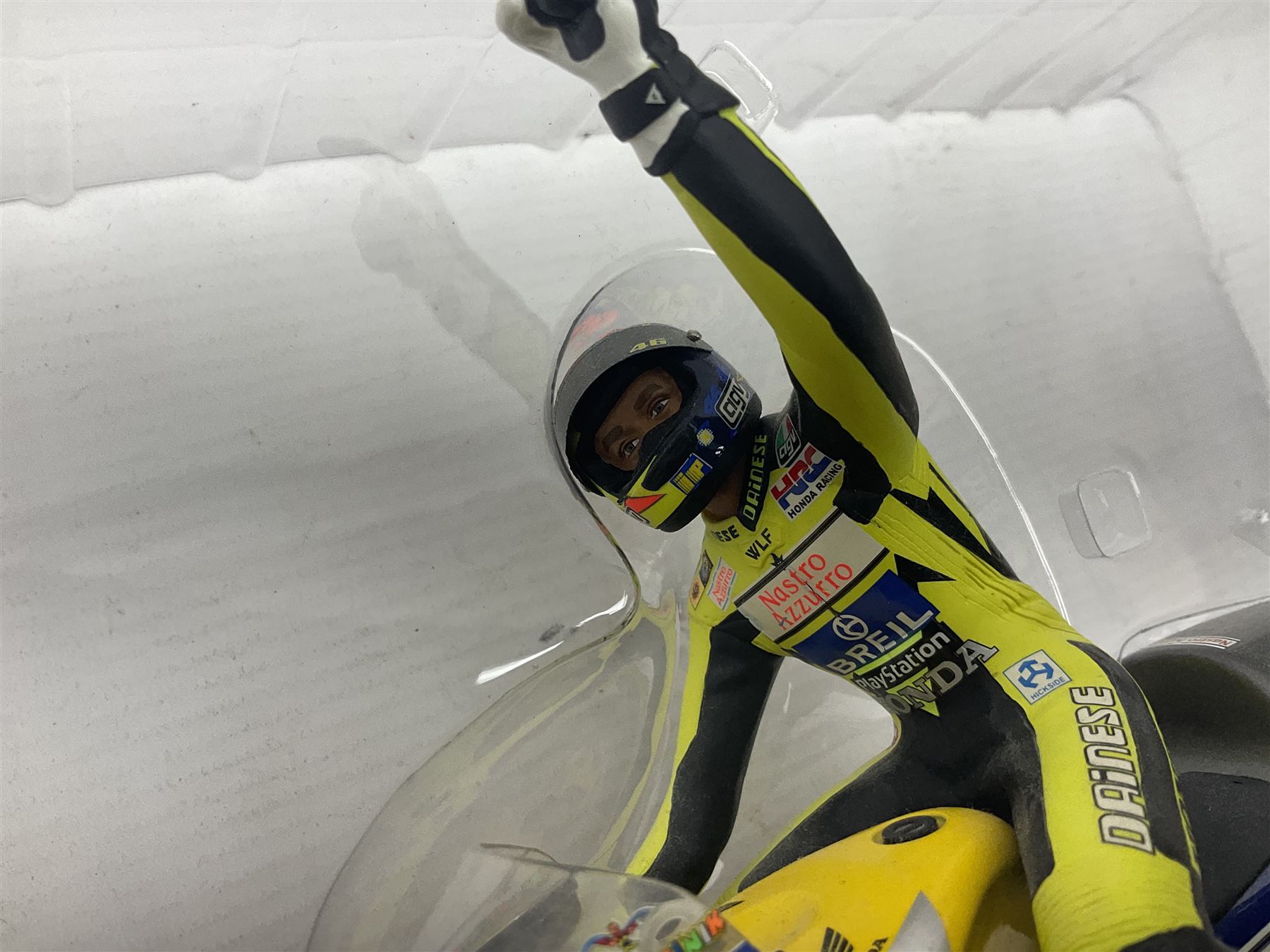 Two Minichamps limited edition Valentino Rossi Collection 1:12 scale die-cast motorcycles - Honda NSR500 Valentino Rossi Team Nastro Azzurro GP Donington 2000 with rider; and Honda NSR500 Valentino Rossi Team Azzurro GP Mugello 2001 Dirty Version; both boxed (2)