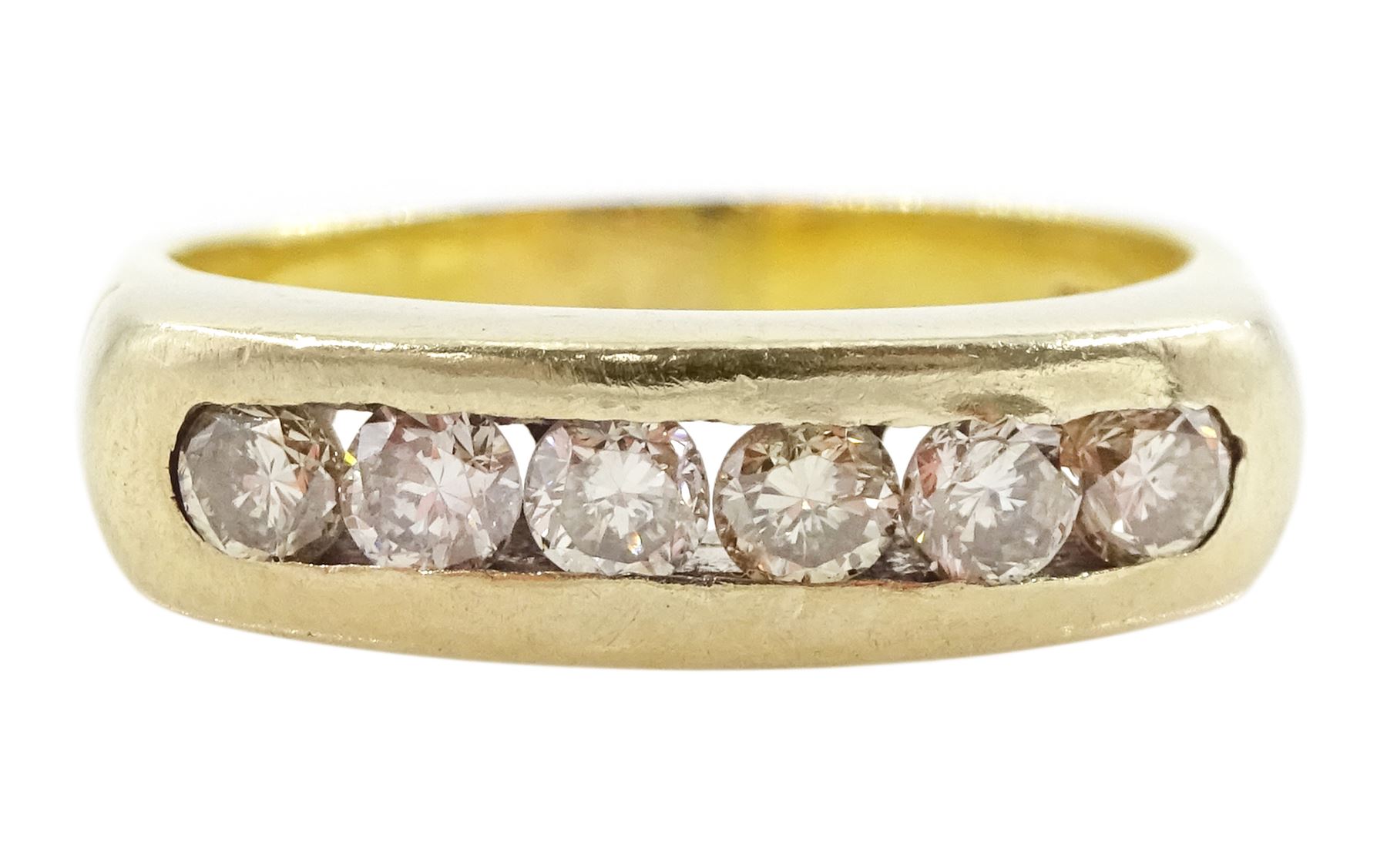 18ct gold channel set, six stone round brilliant cut diamond ring, hallmarked, total diamond weight approx 0.55 carat