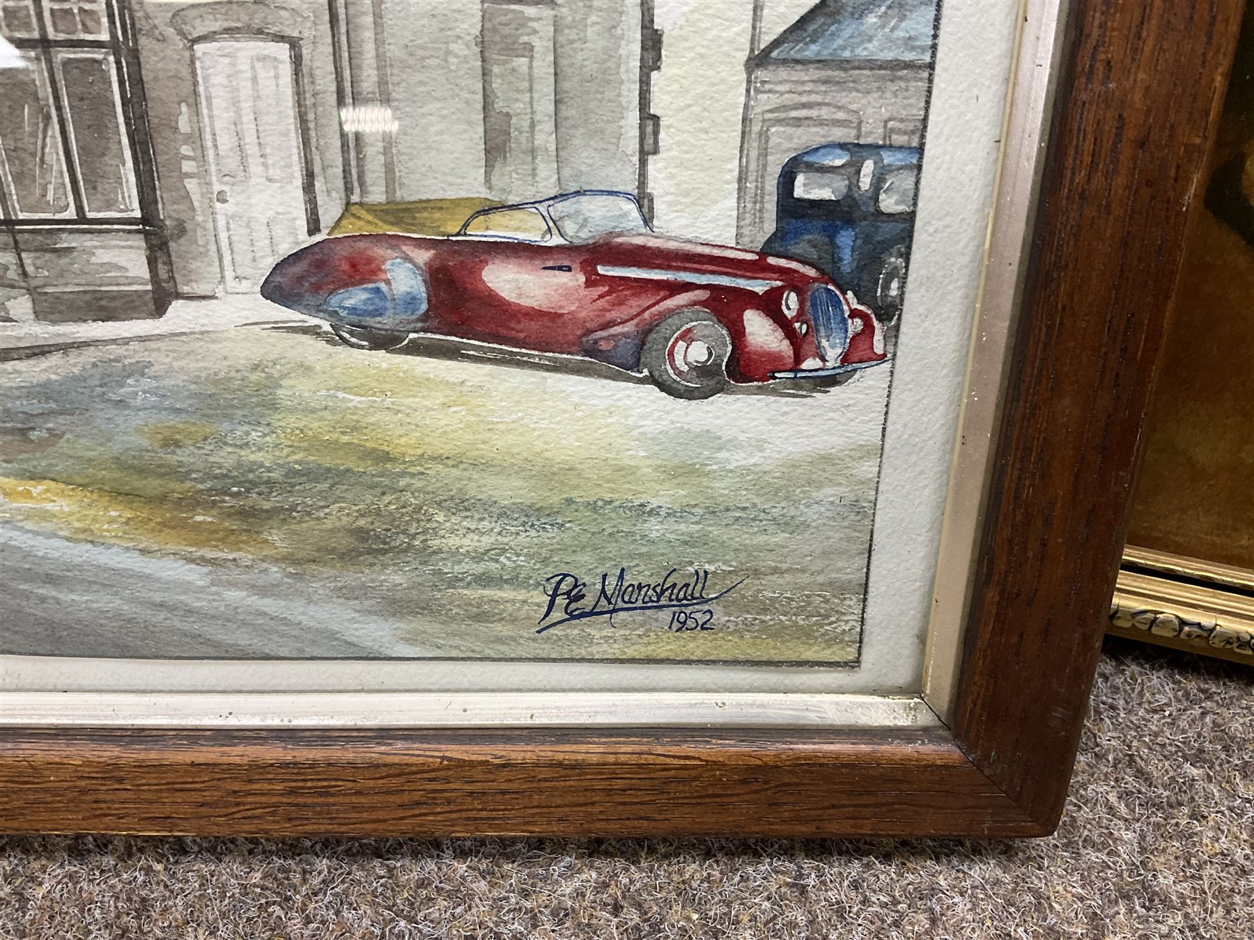 After P E Marshal (British 20th century), Car Outside Inn, water colour signed and dated; after Richard Britton (British) 'Mischief Makers' (golden labradors), colour print, together with three colour prints of dogs and embossed decorative bear scene (6) 