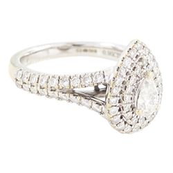 Vera Wang 18ct white gold diamond and sapphire 'Love' ring, single pear cut diamond, surrounded by two rows of round brilliant cut diamonds, split diamond set shoulders and sapphire set gallery, hallmarked, total diamond weight 0.95 carat