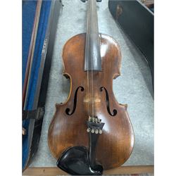 Two violins, including Excelsior example in coffin case and one with spurious William Duke label, and a Luigi D'Ancora mandolin