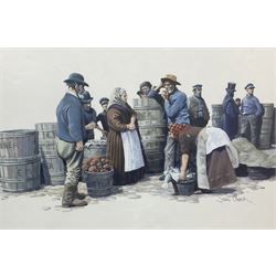 John Cooper (British 1942-) after Frank Meadow Sutcliffe (British 1853-1941): Fisherpeople at Coffee House Corner Where Fish Auctions Were Held (19-39B), gouache signed 37cm x 55cm