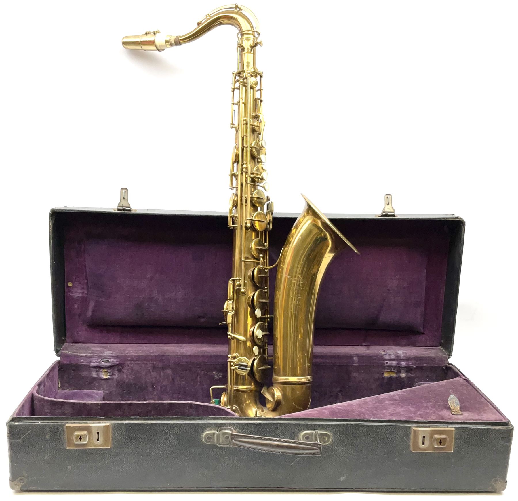 Brass tenor saxophone by Adolphe SAX, 84 Rue Myrha, Paris,  No.938 serial number 12097, H75cm excluding crook; in hard carrying case bearing plaque for Henri Selmer