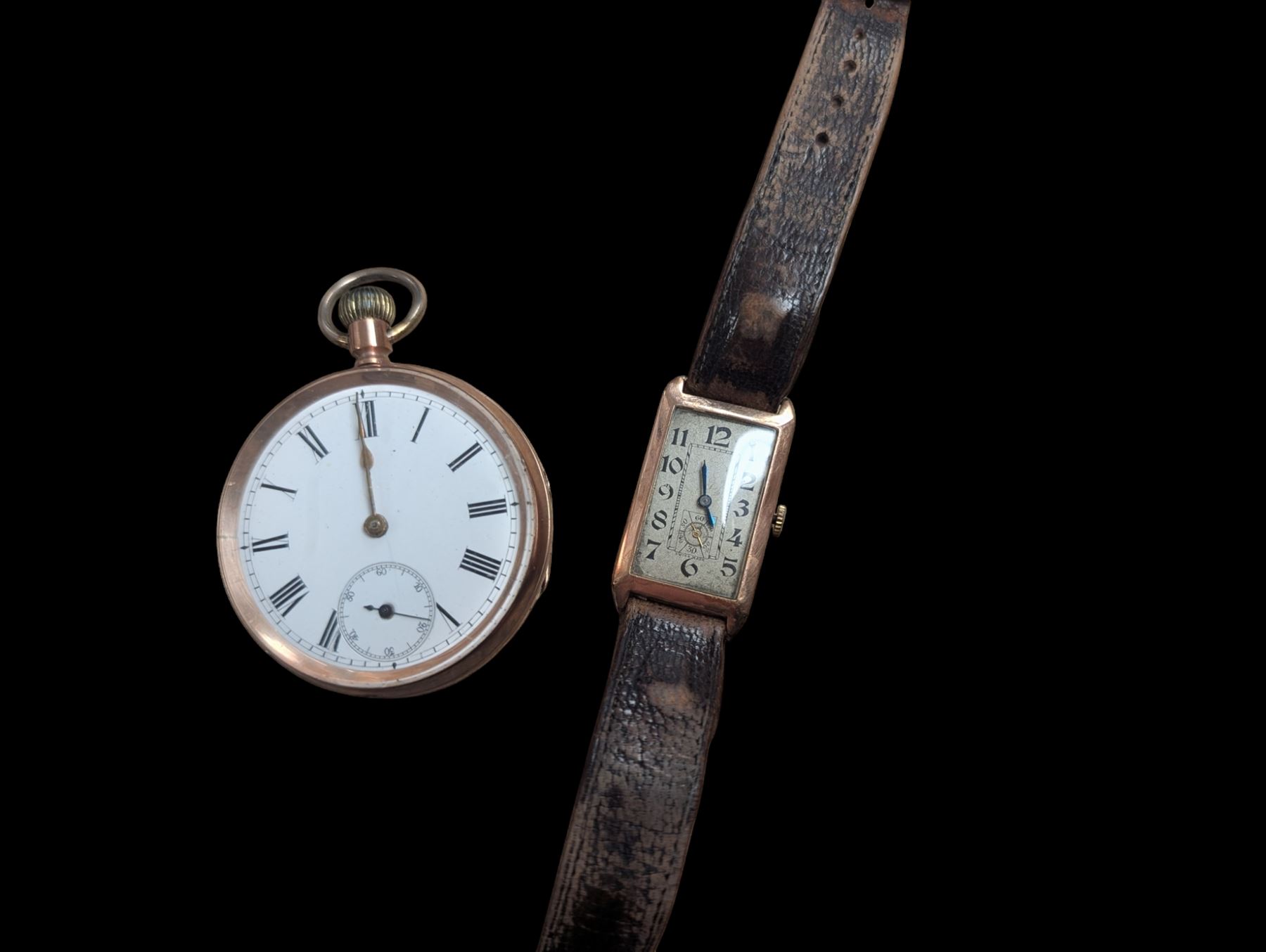 Early 20th century 9ct rose gold manual wind tank wristwatch and a 9ct rose gold keyless cylinder pocket watch
