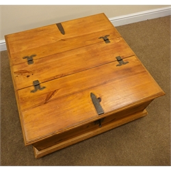  Pine double hinged top coffee table, moulded top, bun feet, W90cm, H40cm, D90cm  