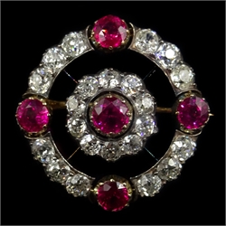  Ruby and diamond circular brooch with cluster centre, rubies approx 3.4 carat, diamonds approx 4.8 carat  