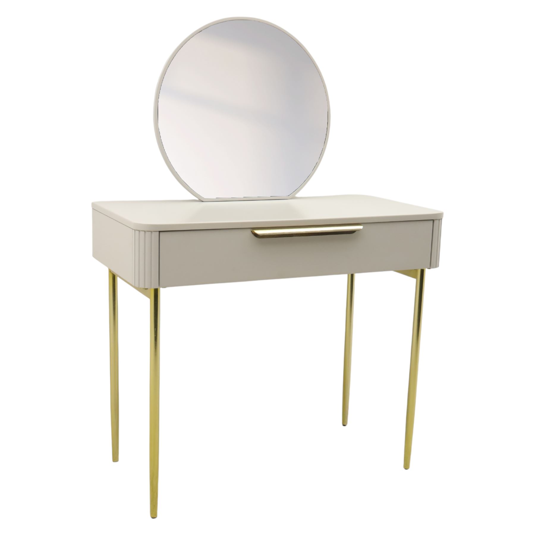 Made.com - Ebbo grey dressing table with mirror, single drawer with gold painted metal shaped handles, rounded corners with fluted detail, raised on gold painted metal tapered supports (Height from floor to underside 62cm)