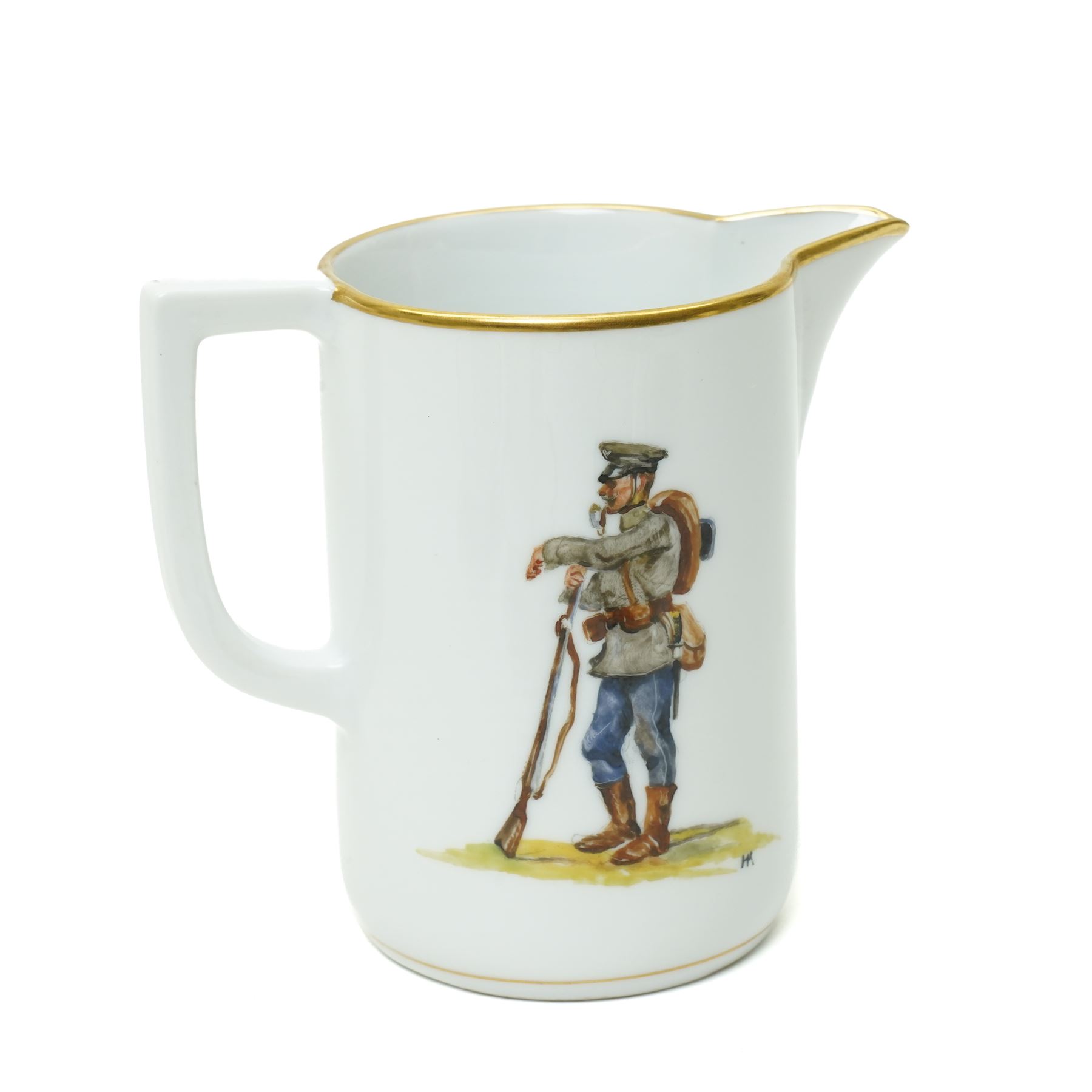 Nymphenburg coffee set painted with WWI military scenes after Hans Kratzer, comprising six coffee cans and saucers, coffee pot, cream jug and covered sugar bowl