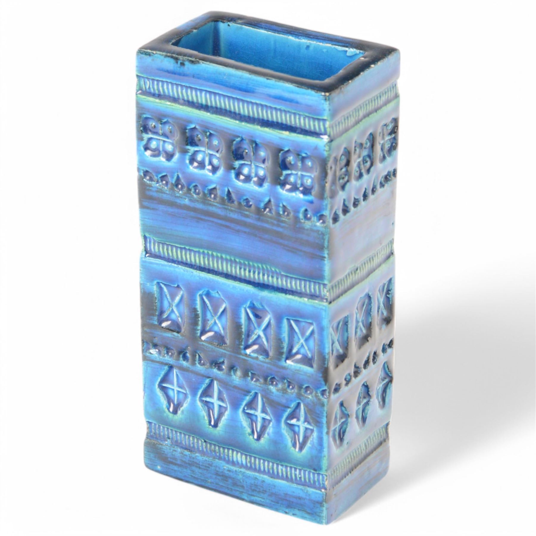 Bitossi pottery Rimini Blu vase, 1970s, designed by Aldo Londi, of rectangular form, with impressed details, with painted marks beneath, H18cm