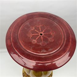 Bretby Jardiniere and stand, with foliate and foliage decoration with a red and yellow ground, impressed mark beneath H94cm