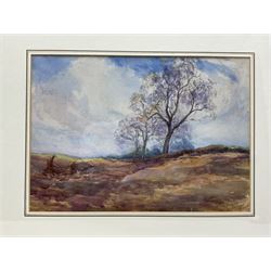 Charles Pigott (British 1860-1940): Driving Sheep in the 'Derbyshire Hills', watercolour signed, titled verso 25cm x 35cm; M Reid (British early 20th century): Ploughing, watercolour signed and dated 1920, 25cm x 36cm; together with a further unsigned landscape watercolour 16cm x 24cm (3)