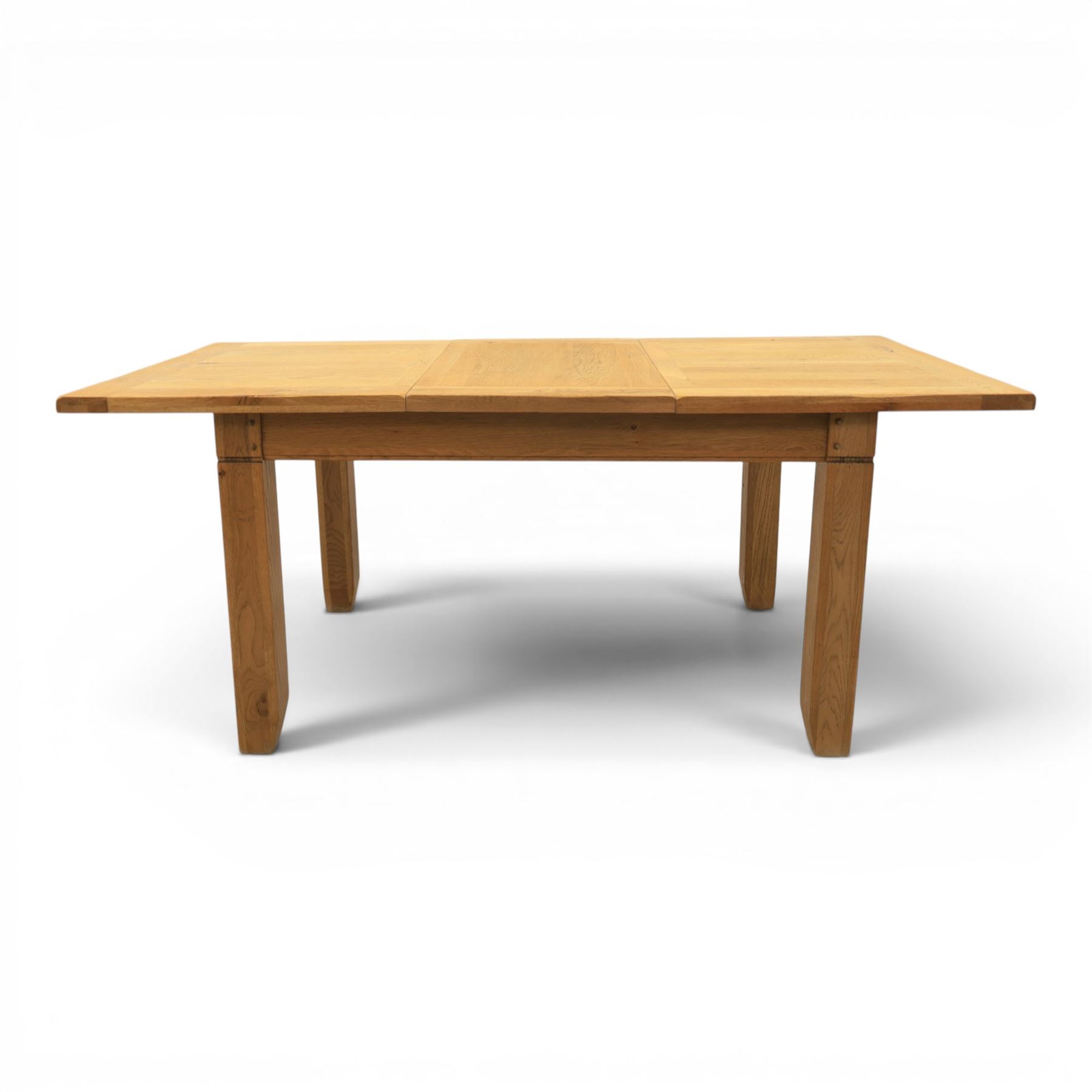 Contemporary oak dining extending table and set of six chairs, with additional leaf  extending to 182cm, chairs with cream upholstered seat